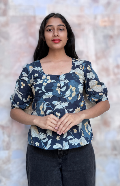 Deep Blue Floral Print Cotton Short Top