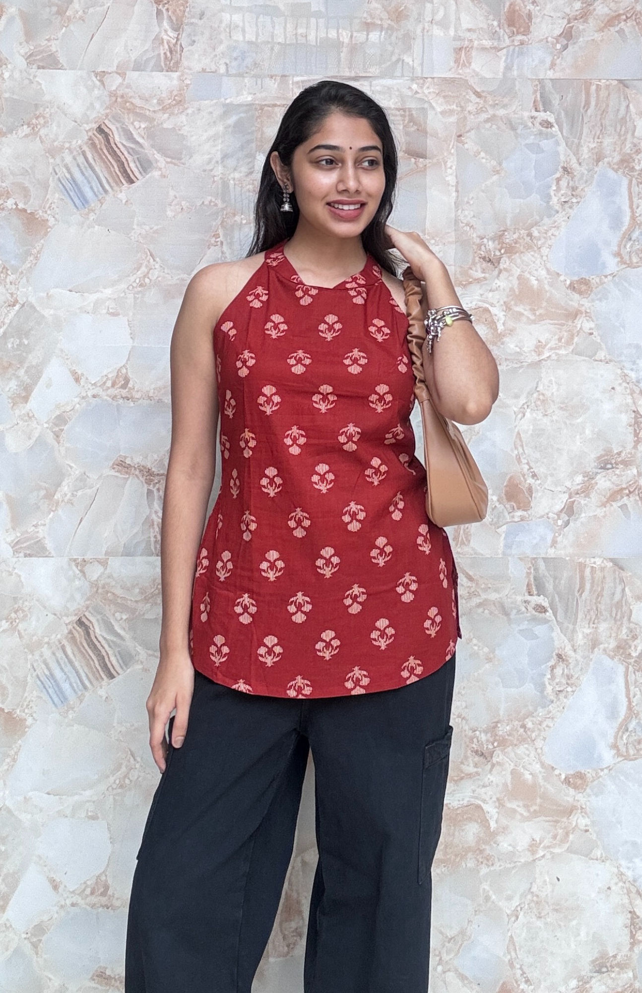 Maroon Halter Neck Cotton Top with Back Detailing