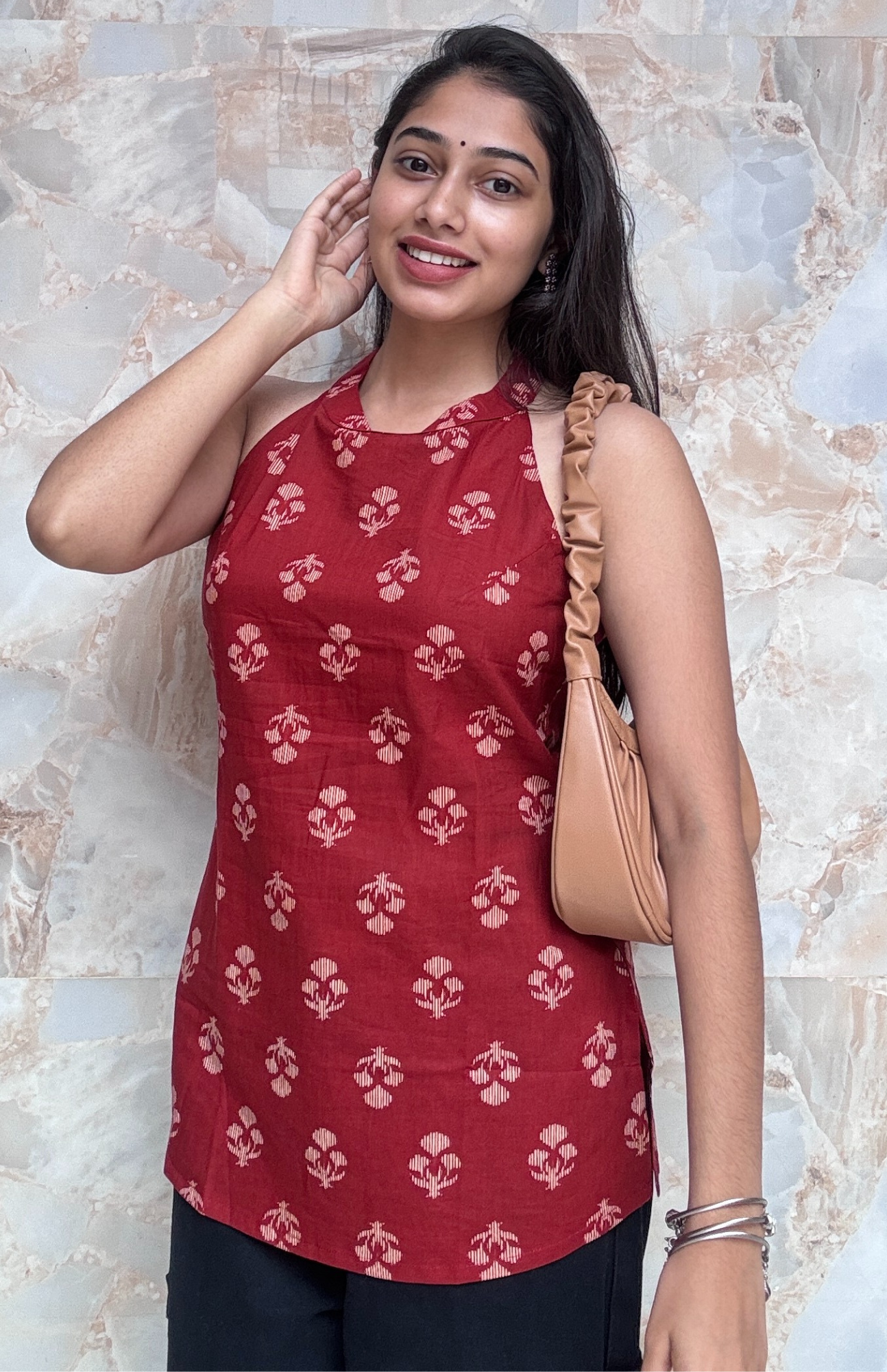 Maroon Halter Neck Cotton Top with Back Detailing
