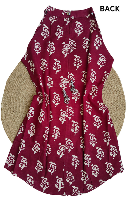 Wine Blossom Hand Block Halter Neck Short Kurti