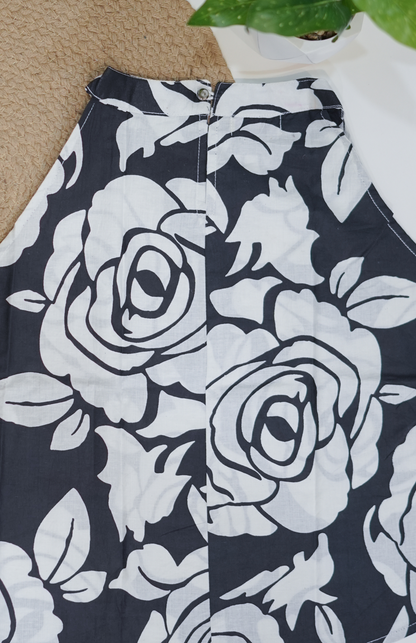 Midnight Bloom Black & White Rose Print Halter Neck Top