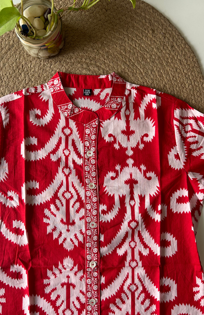 Red Ikkat Printed Long Top