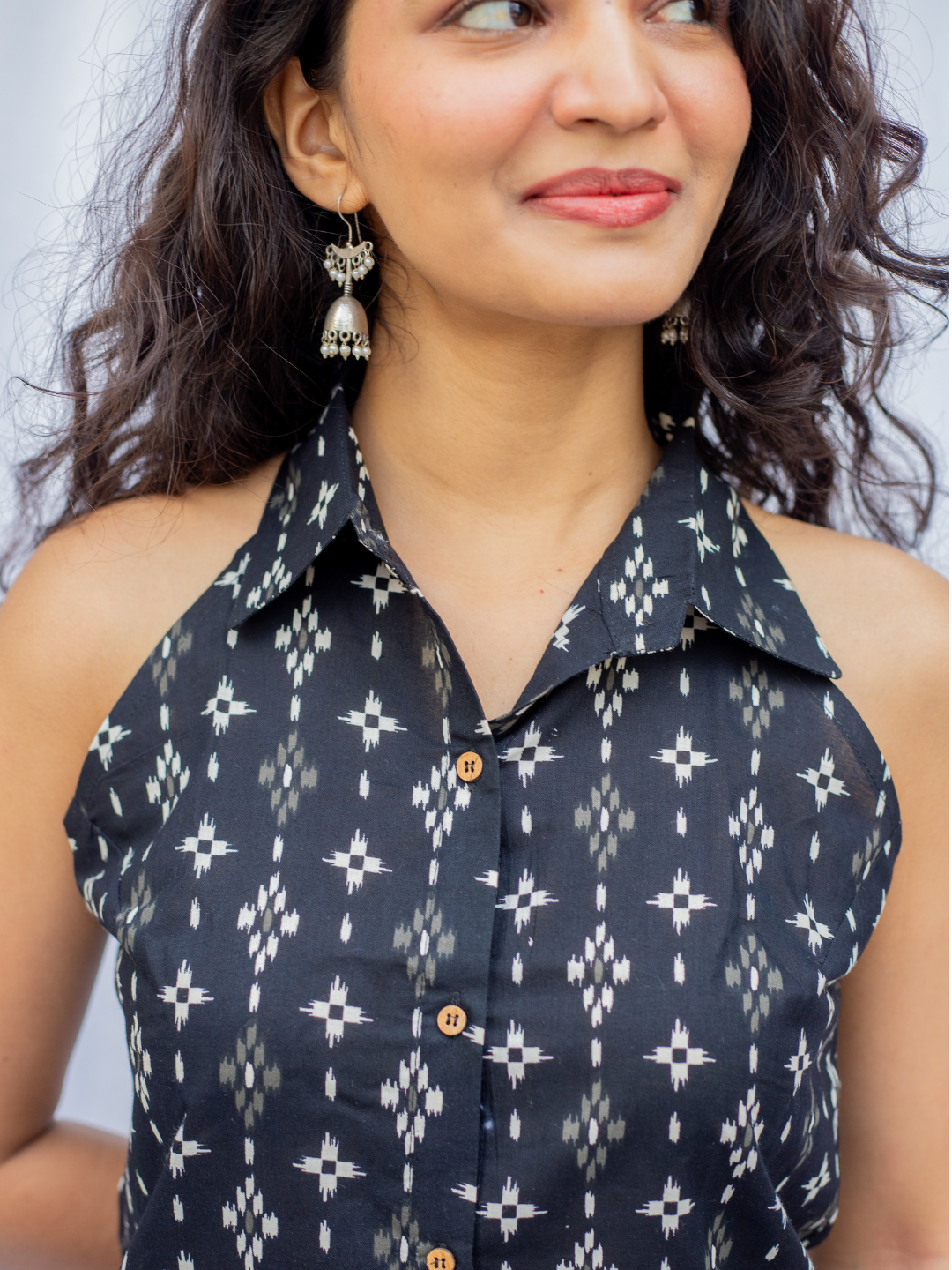 Black Geometric Print Cotton Halter Neck Shirt for Women