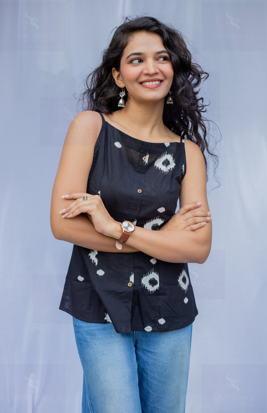 Black ikkat print cotton cambric strap top for women front view