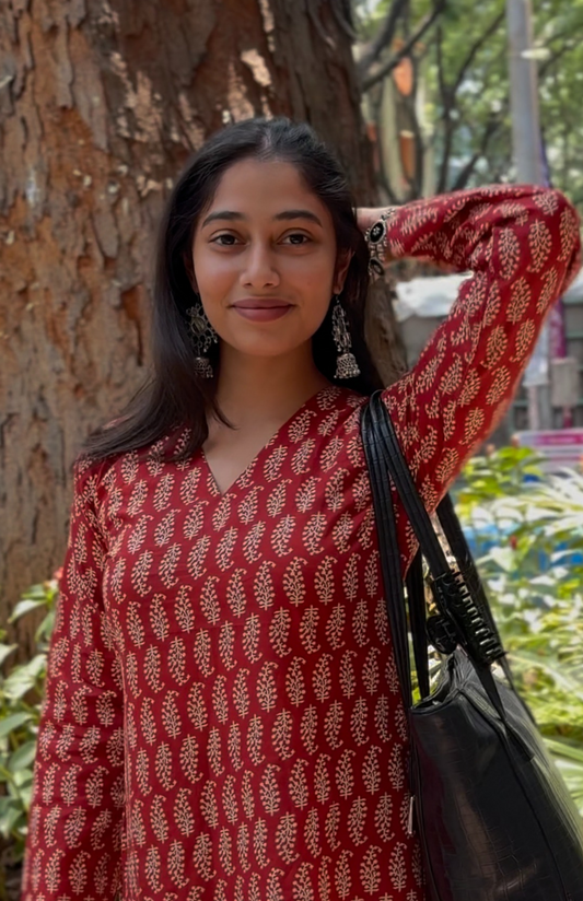 V Neck Maroon Color Leaf Print Cotton Short Kurti