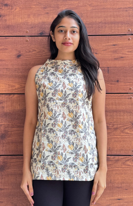 Cream Leaf Print Halter Neck Sleeveless Top