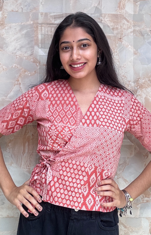 Peach Hand Block Print Cotton Wrap Style Top for Women