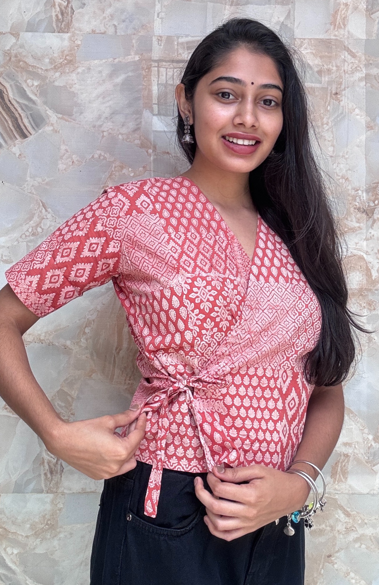 Peach Hand Block Wrap Style Short Top