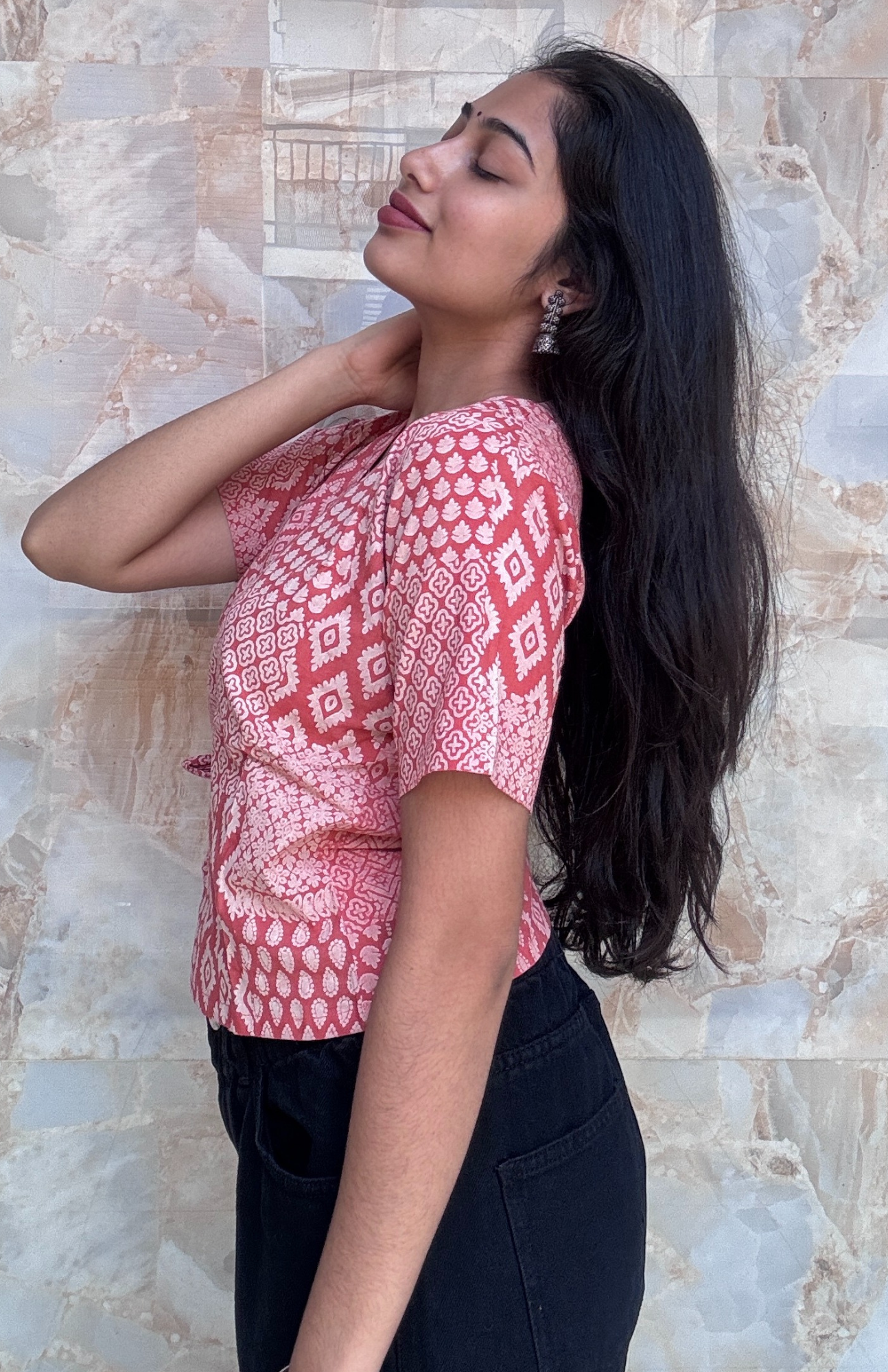 Peach Hand Block Wrap Style Short Top