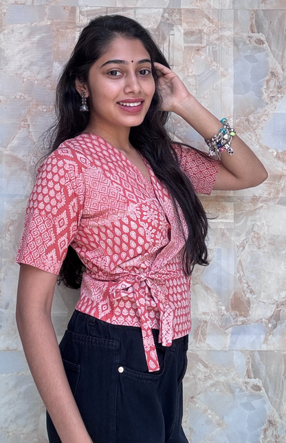 Peach Hand Block Wrap Style Short Top
