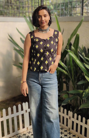 Black Ikkat Sleeveless Summer Cotton Top