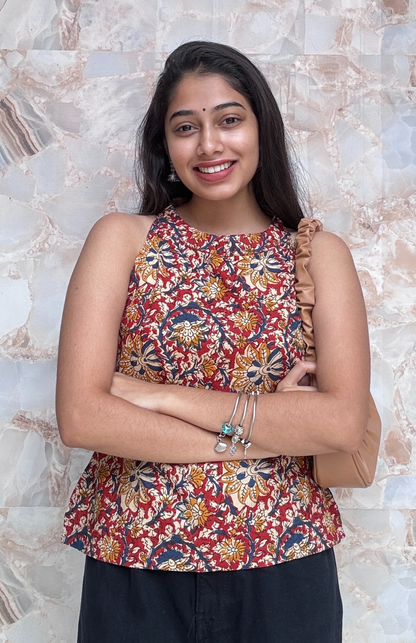 Maroon Kalamkari Halter Neck Short Top