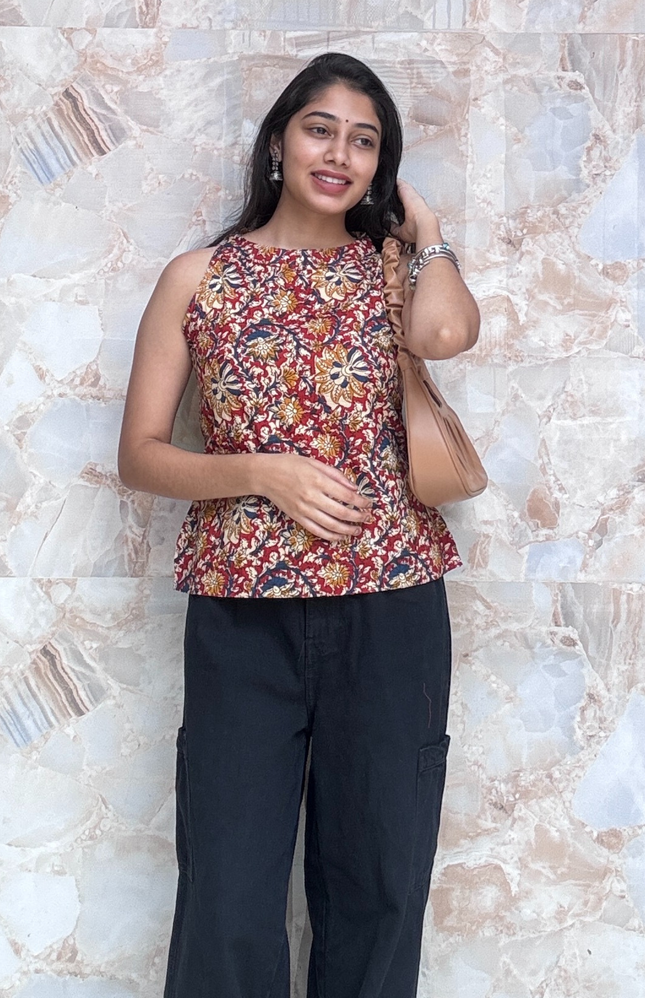 Maroon Kalamkari Halter Neck Short Top