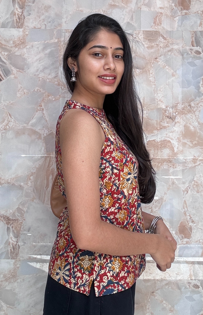 Maroon Kalamkari Halter Neck Short Top