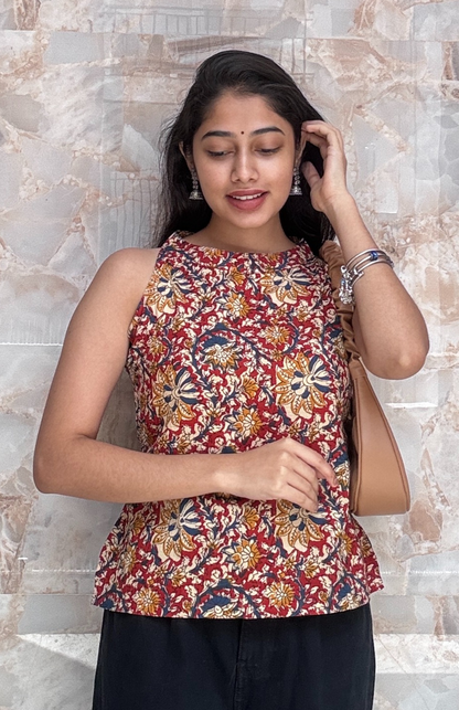 Maroon Kalamkari Halter Neck Short Top