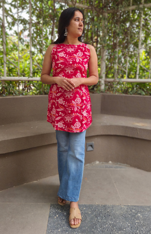 Pink Floral Cotton Halter Neck Short Kurti