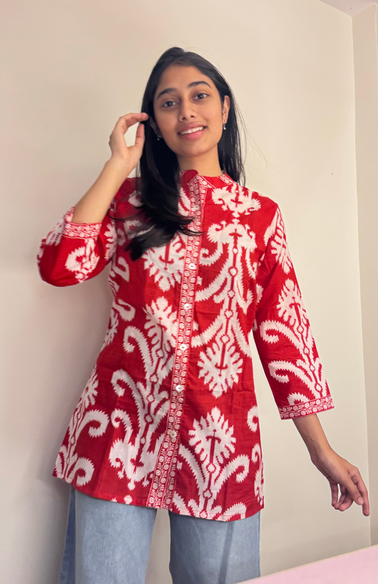 Red Ikkat Printed Long Top
