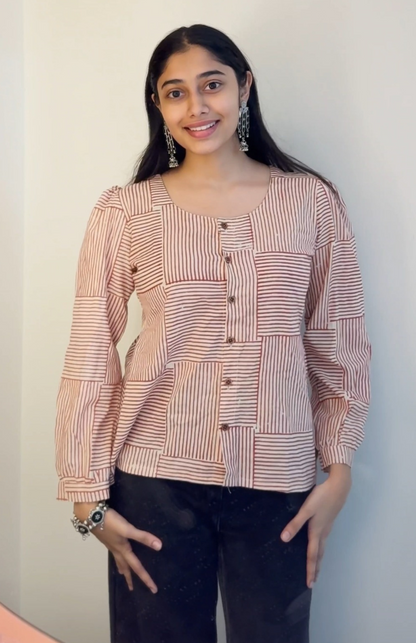 Red Striped Crop Top with Hand Block Print