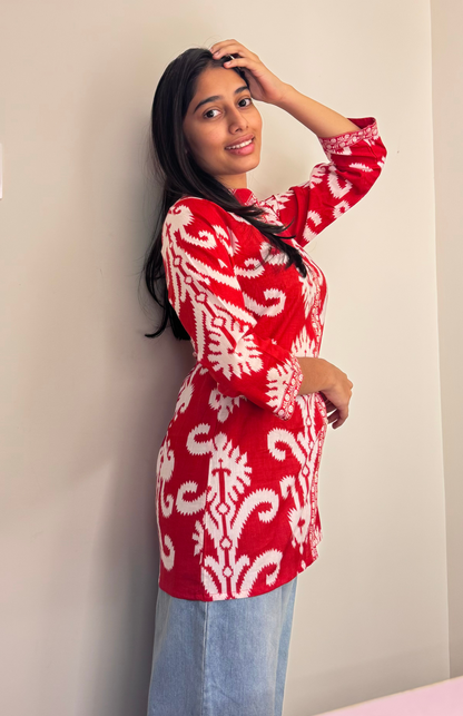 Red Ikkat Printed Long Top