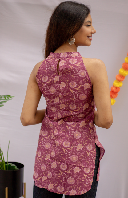 Purple Floral Print Halter Neck Cotton Short Kurti