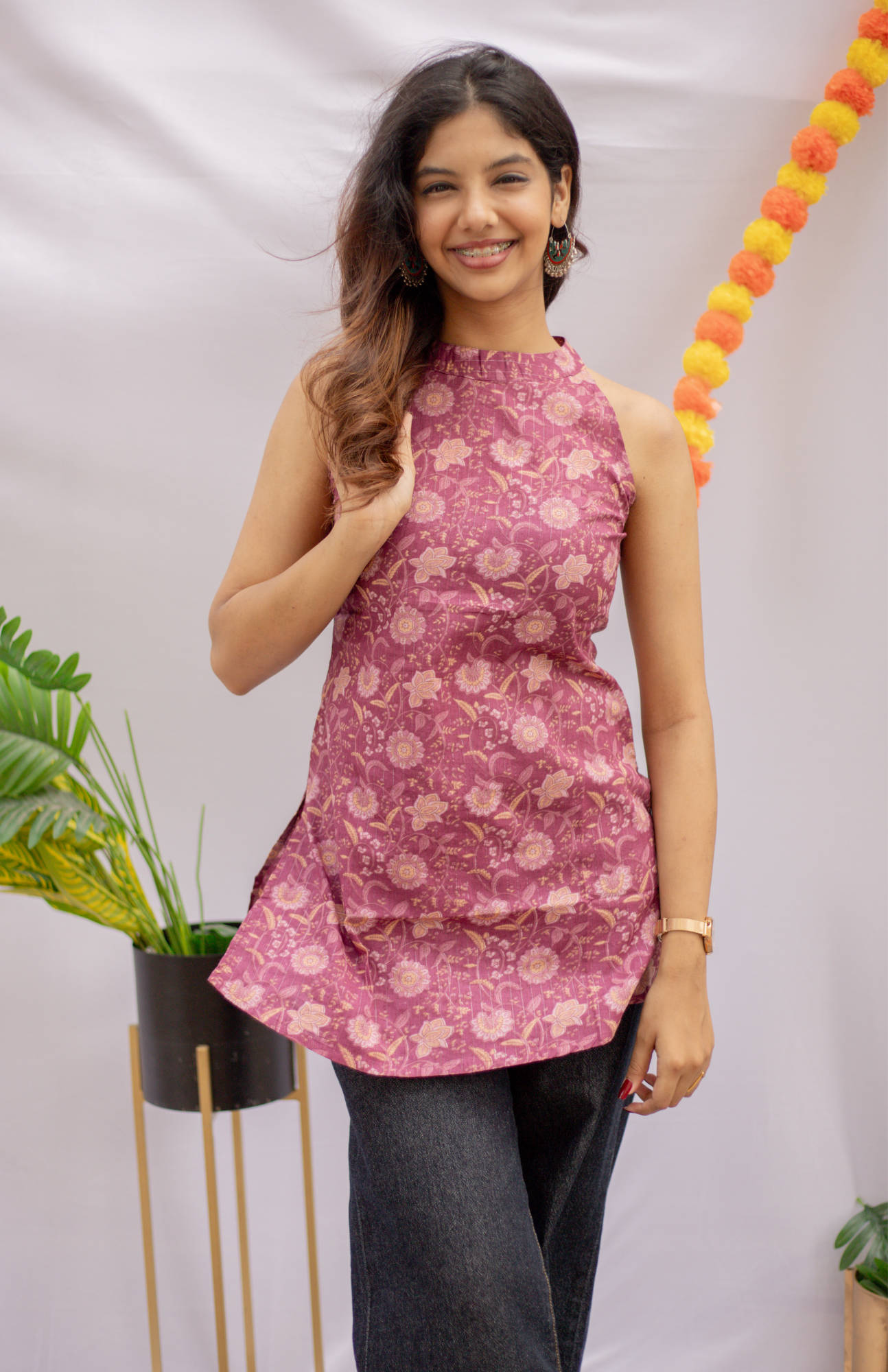 Festive Wear Purple Floral Print Halter Neck Short Kurti