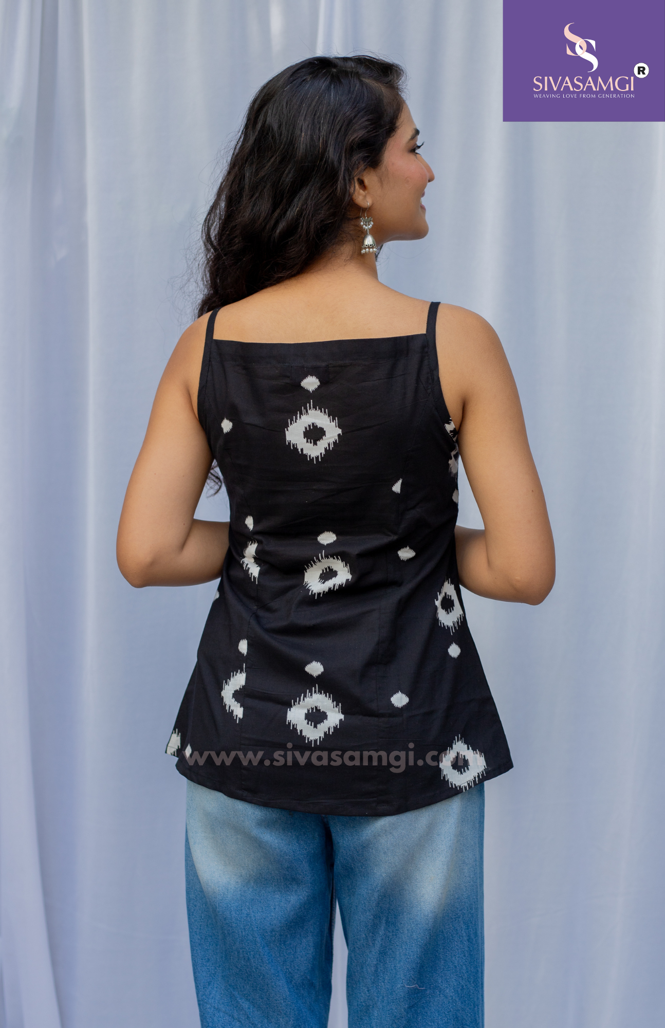 Back of Black Ikkat Print Cotton Cambric Strap Top for Women