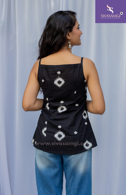 Back of Black Ikkat Print Cotton Cambric Strap Top for Women