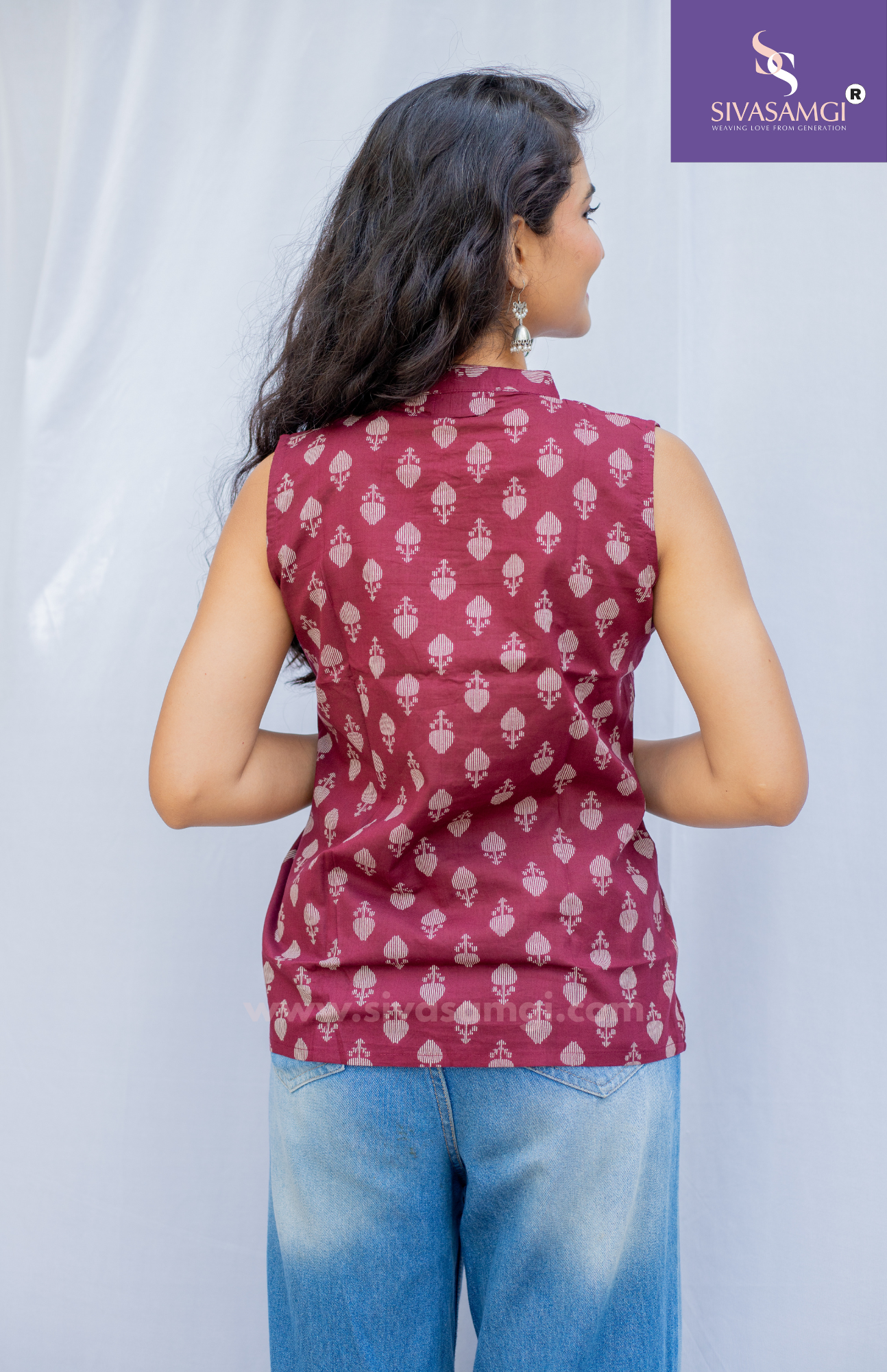 Back view of wine maroon cotton cambric sleeveless top