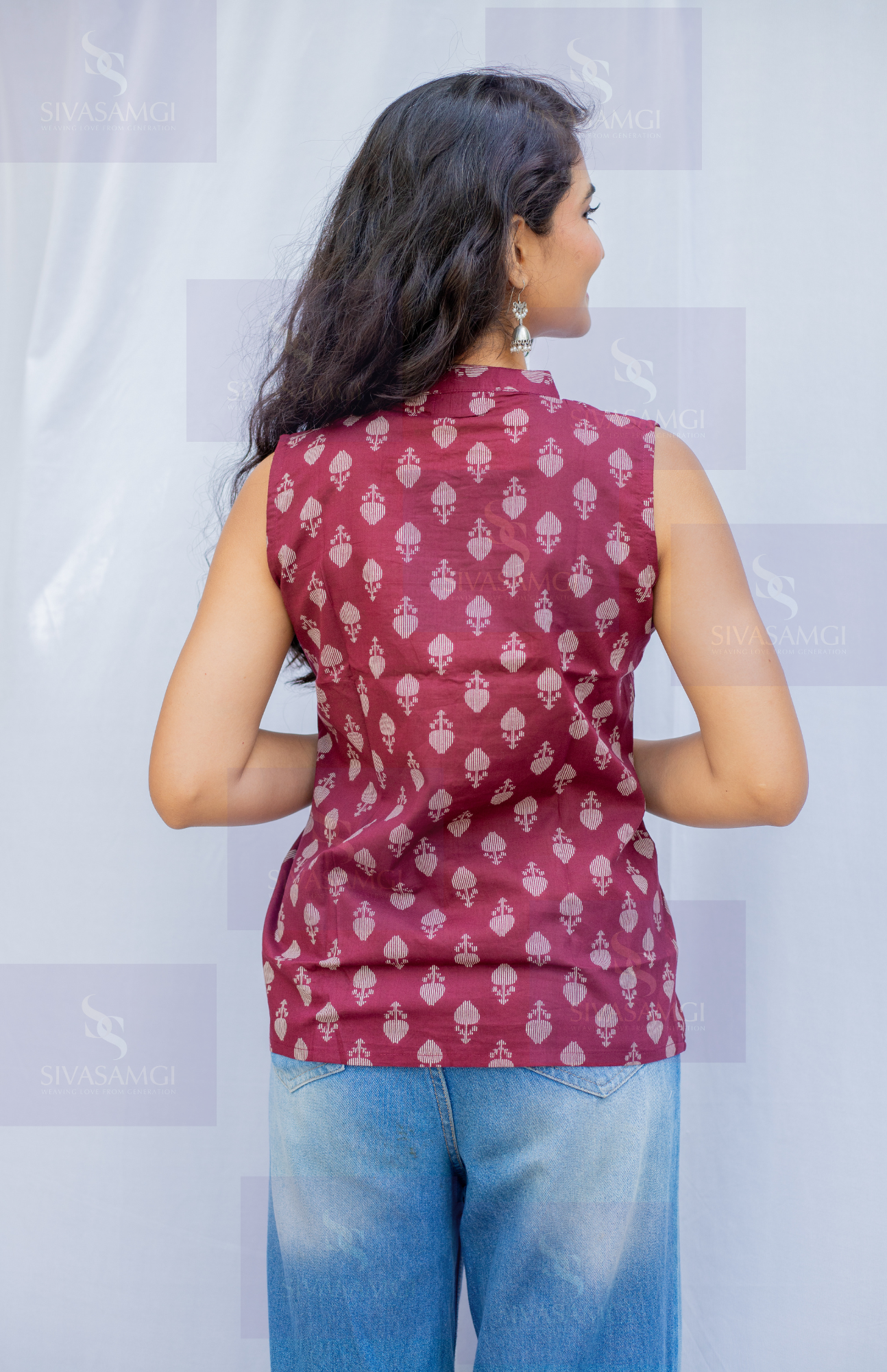 Back view of wine maroon cotton cambric sleeveless top