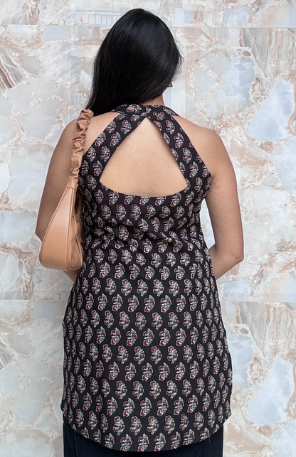 Black Ajrak Printed Short Kurti with Pockets