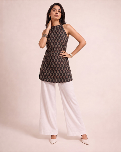 Black Short Kurti Ajrakh Print