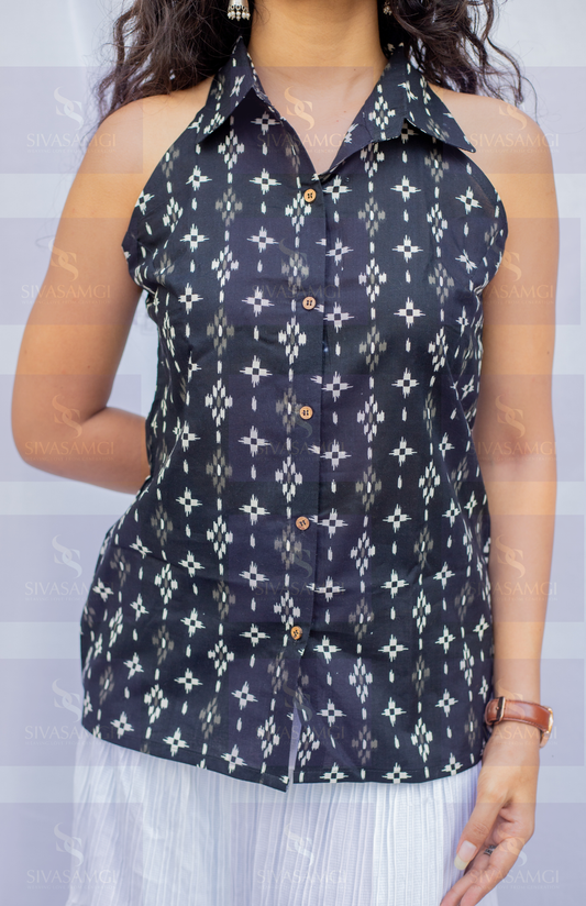 Black Geometric Print Cotton Halter Neck Shirt for Women