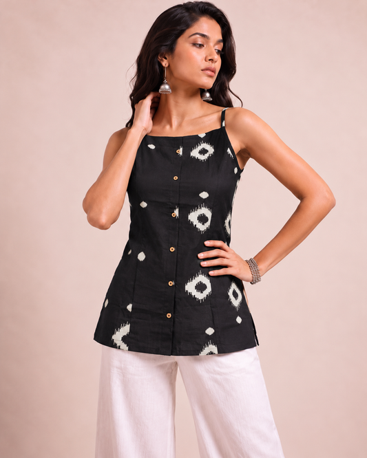 Black Ikkat Strap Cotton Top