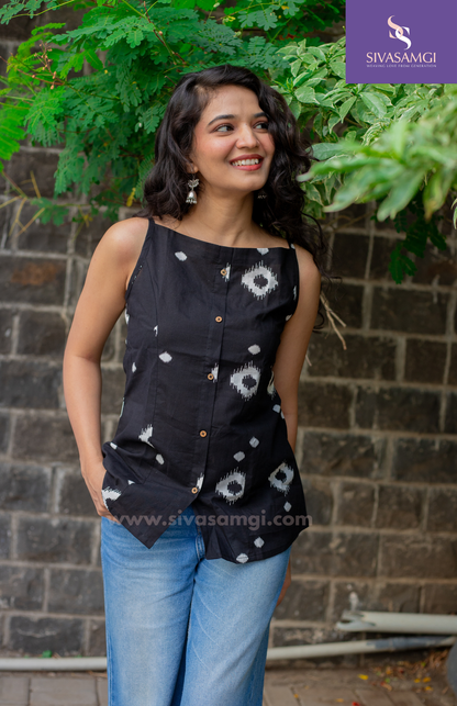 Black Ikkat Print Cotton Cambric Strap Top for Women