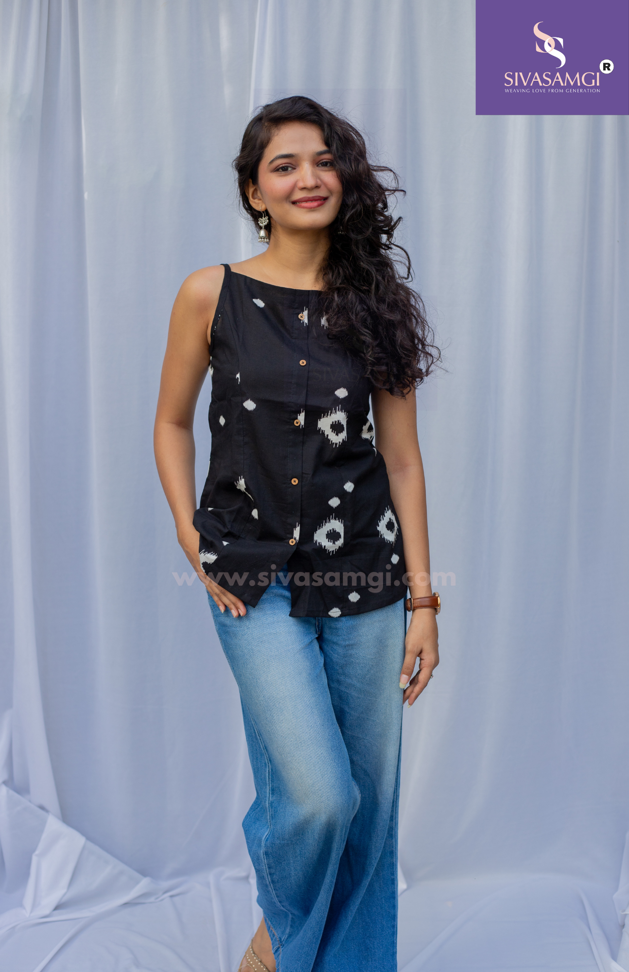 Black Ikkat Print Cotton Strap Top for Women