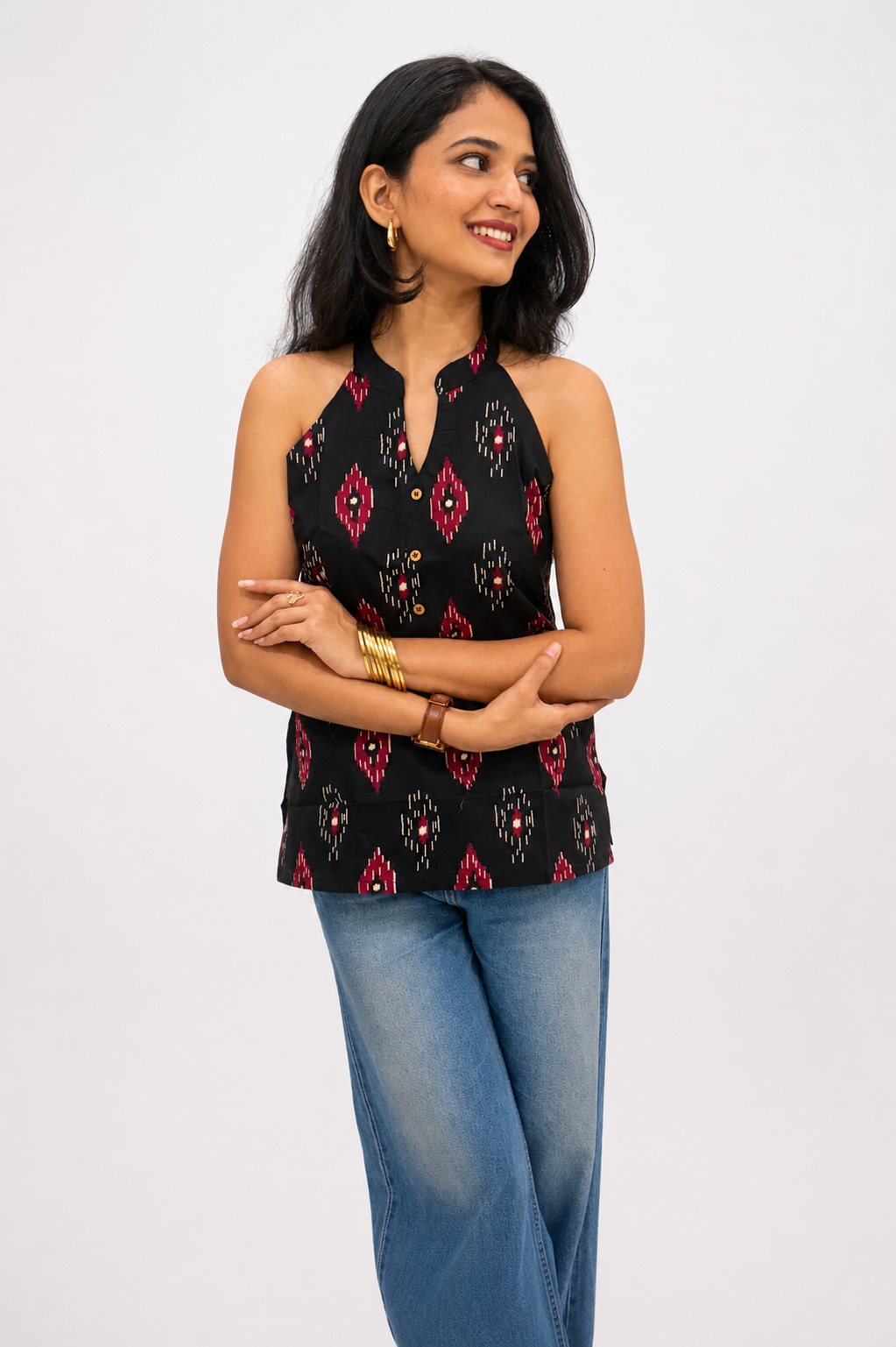Black Ikkat Cotton Mandarin Collar Halter Neck Top for Women | Sivasamgi