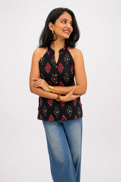 Black Ikat Collar Top