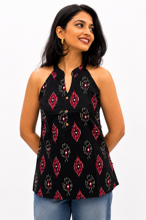 Black Ikat Collar Top