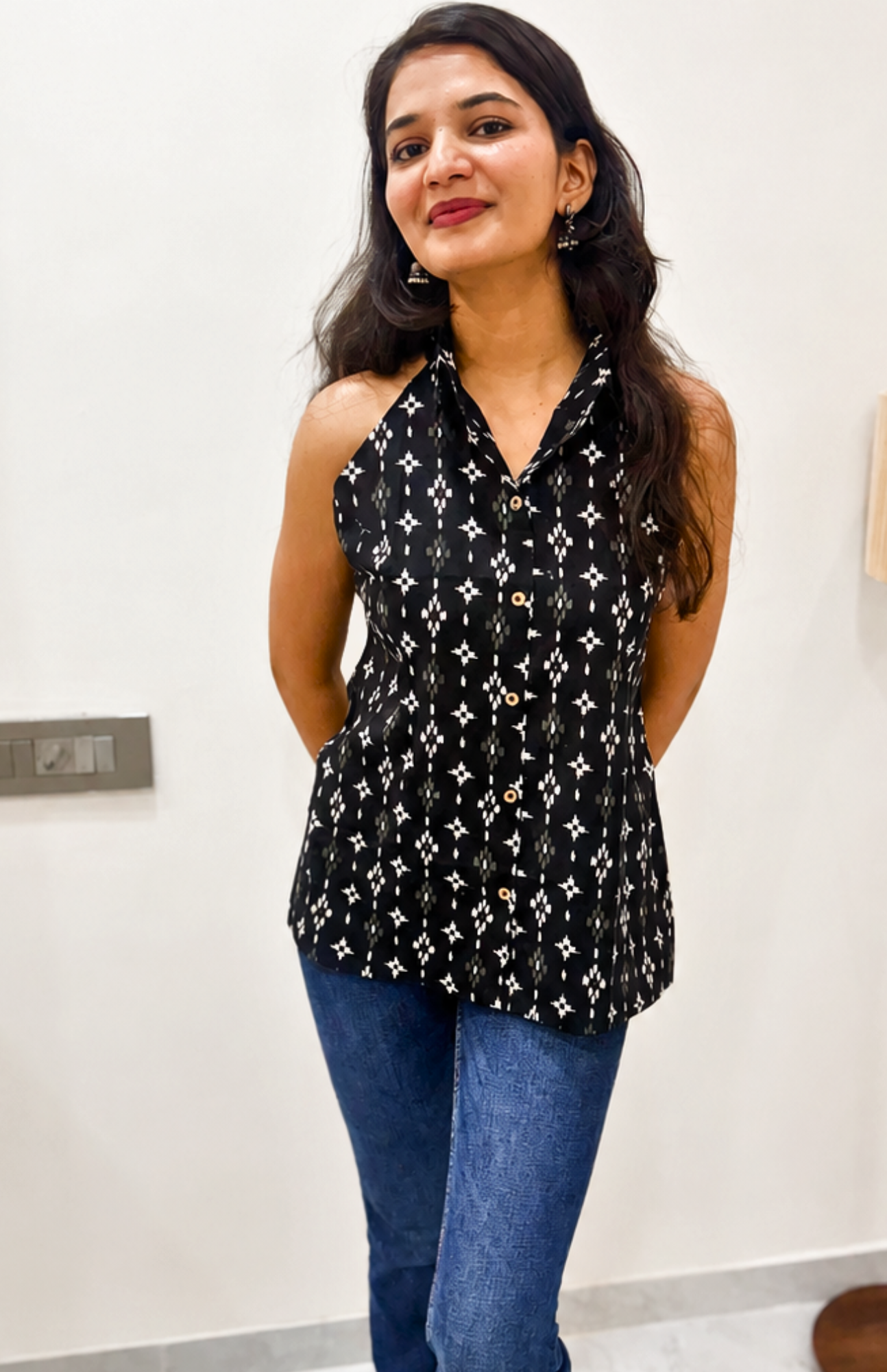 Black Geometric Print Cotton Halter Neck Shirt for Women