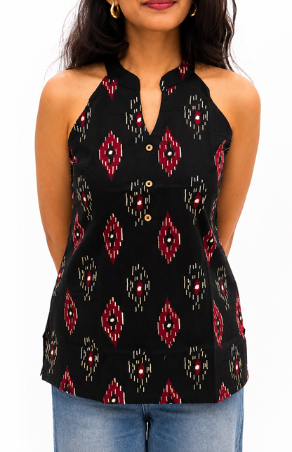 Black Ikat Collar Top