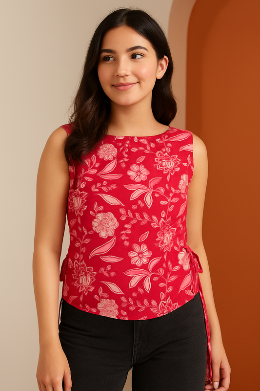 Pink Floral Cotton Halter Neck Short Kurti