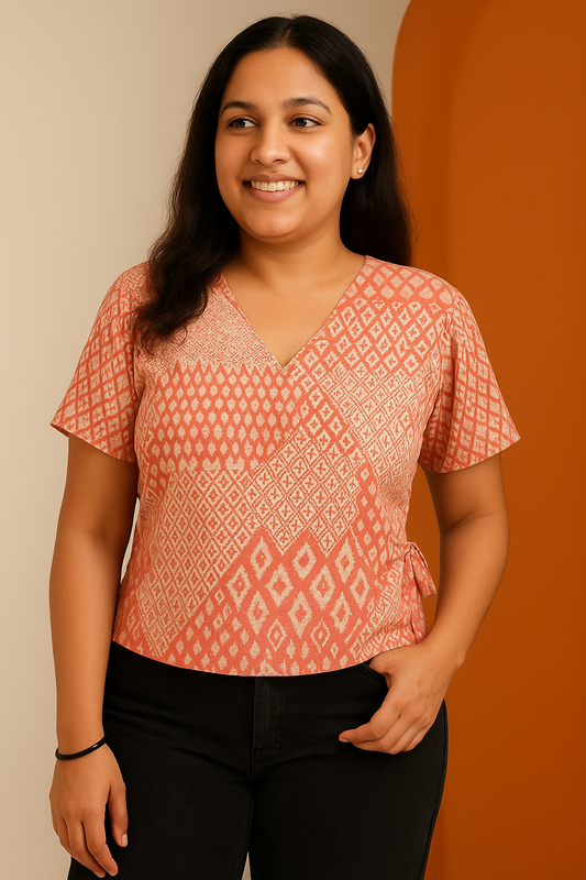 Peach Hand Block Wrap Style Short Top