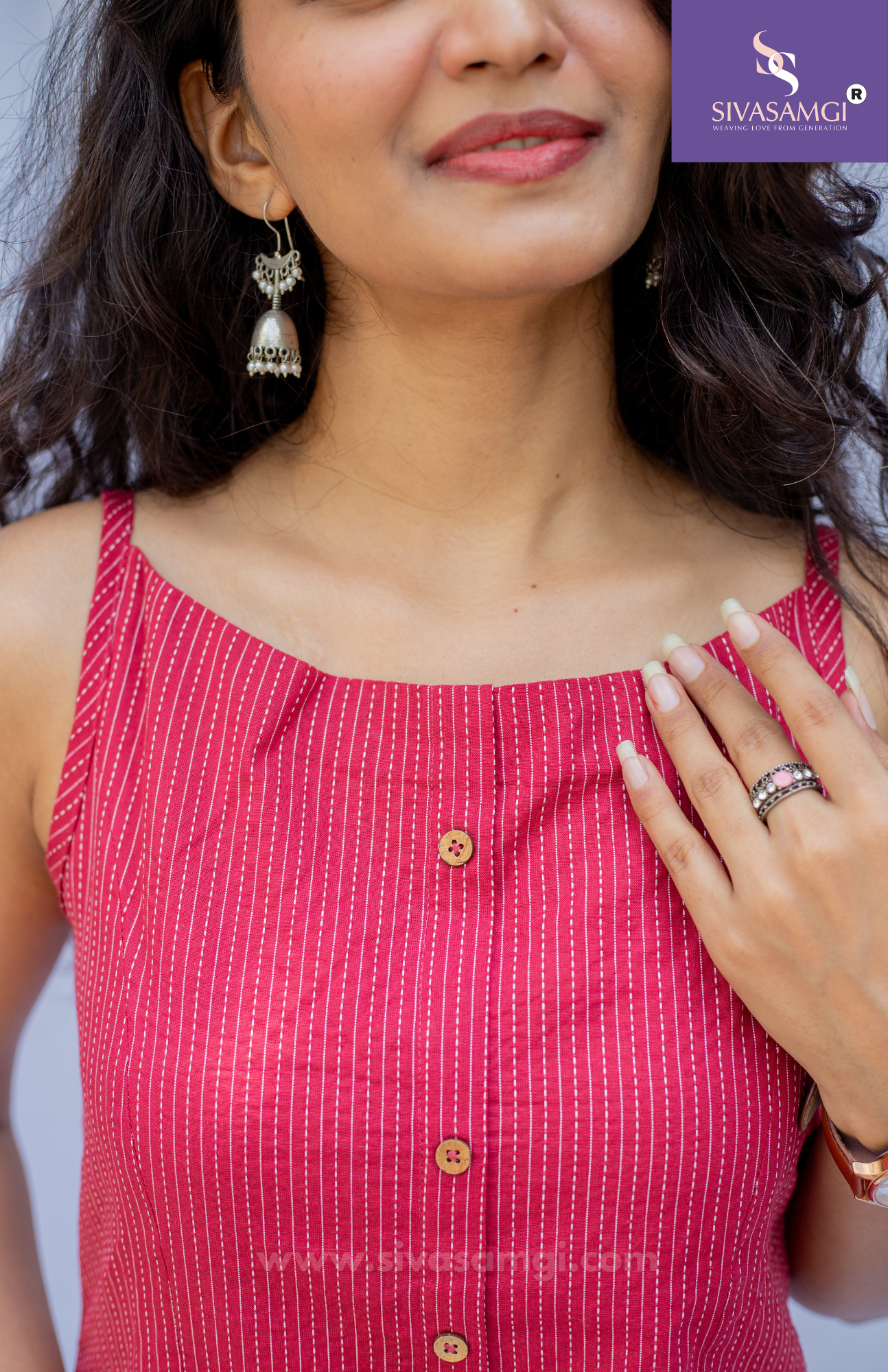 Close up of Maroon Kantha Noodles Strap Cotton Top
