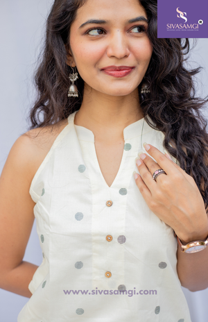 Cream Polka Halter Neck Short Kurti