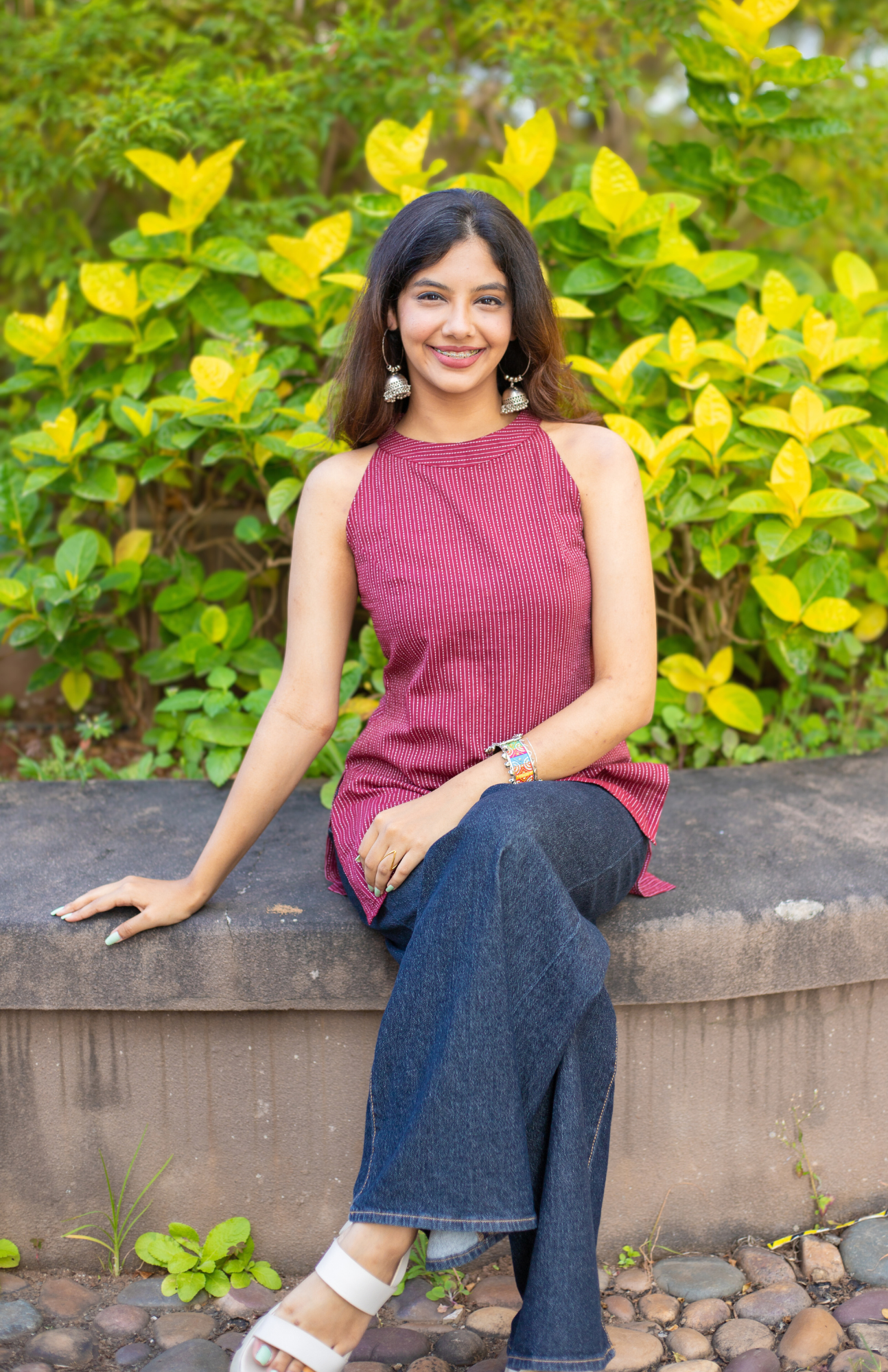 Dark Maroon Kantha Work Halter Neck Short Kurti with Pockets
