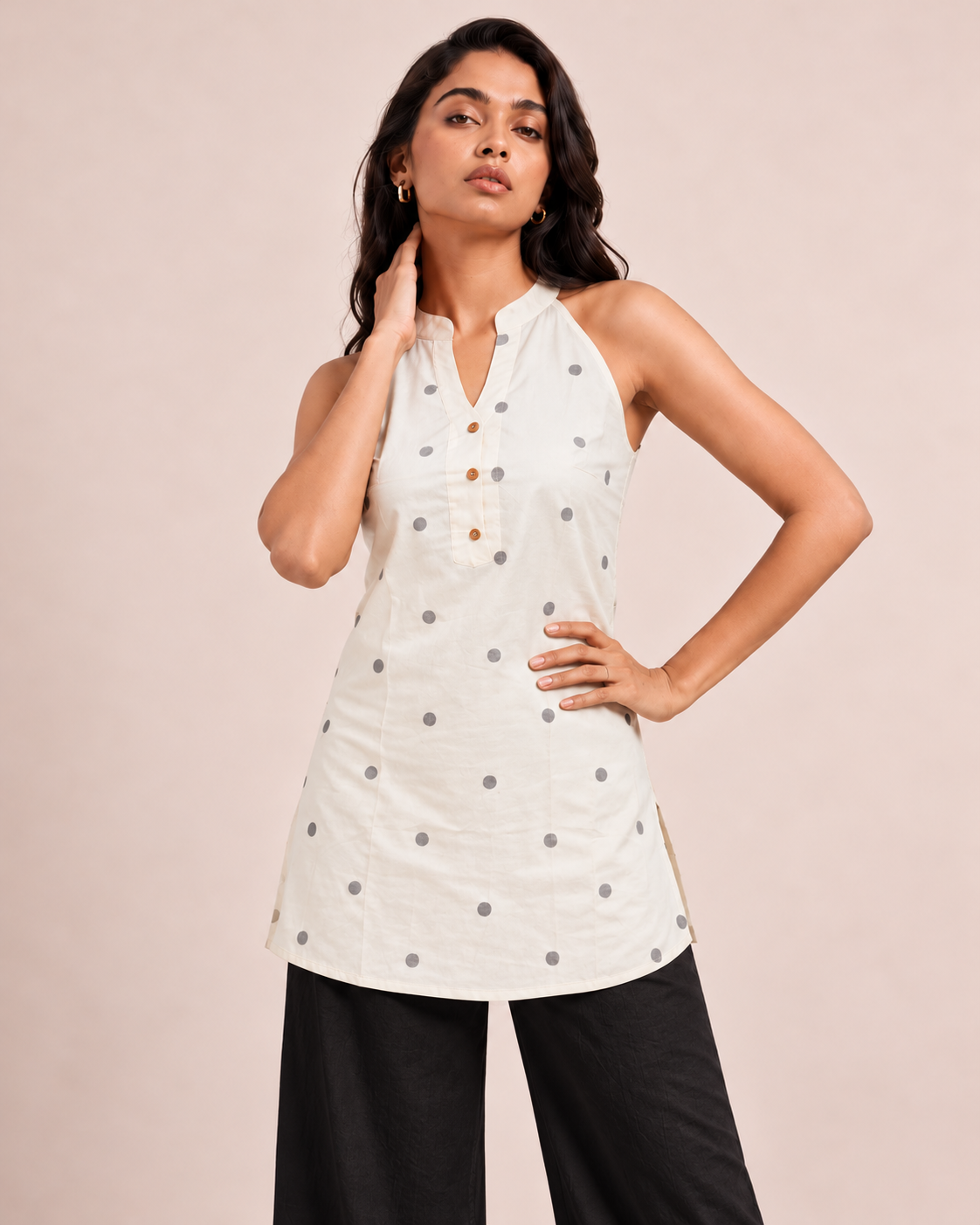 Cream Polka Halter Neck Short Kurti