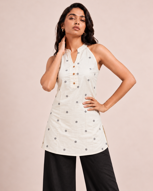 Cream Polka Halter Neck Short Kurti