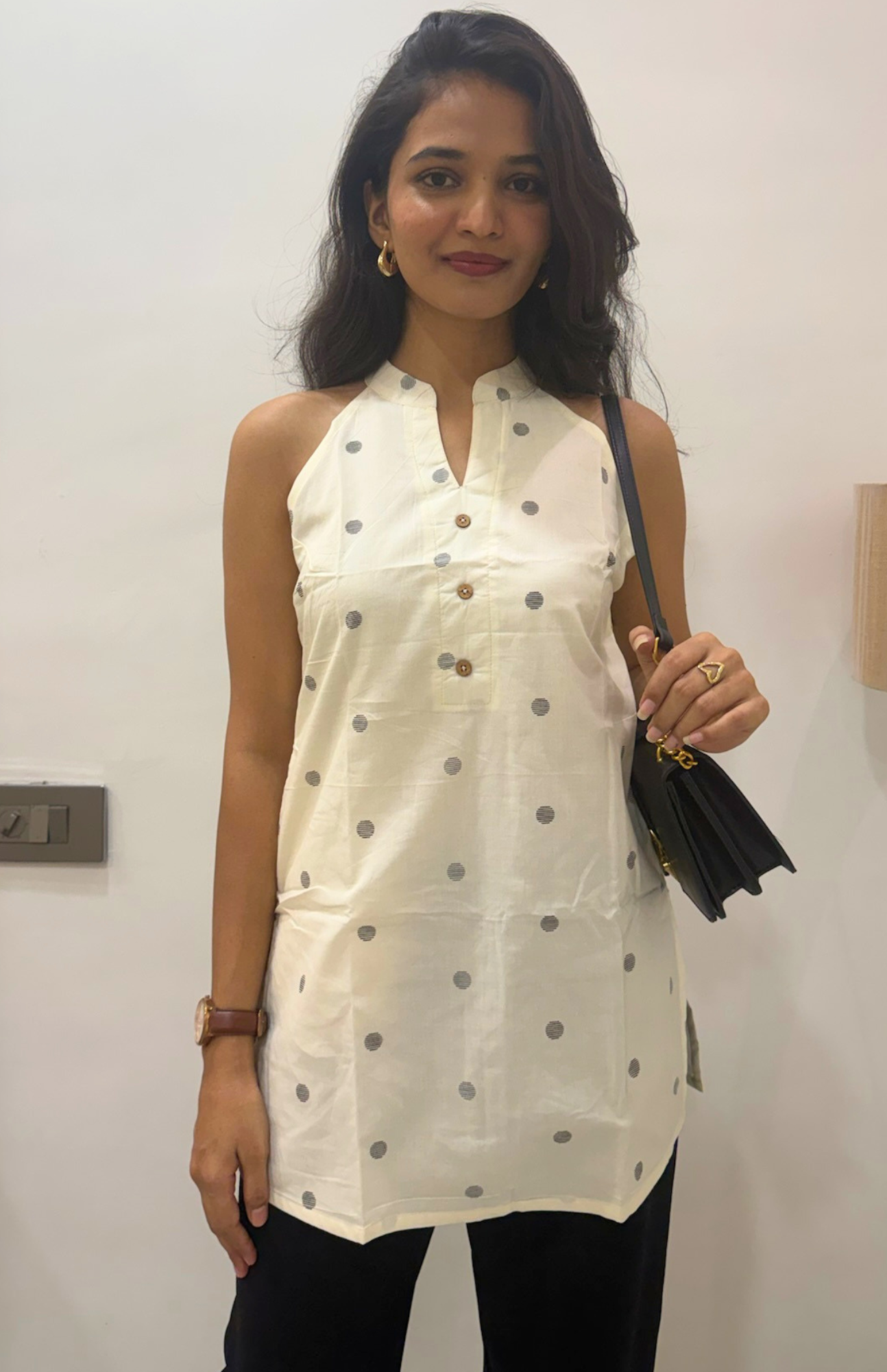 Cream polka dot cotton halter neck short kurti front view