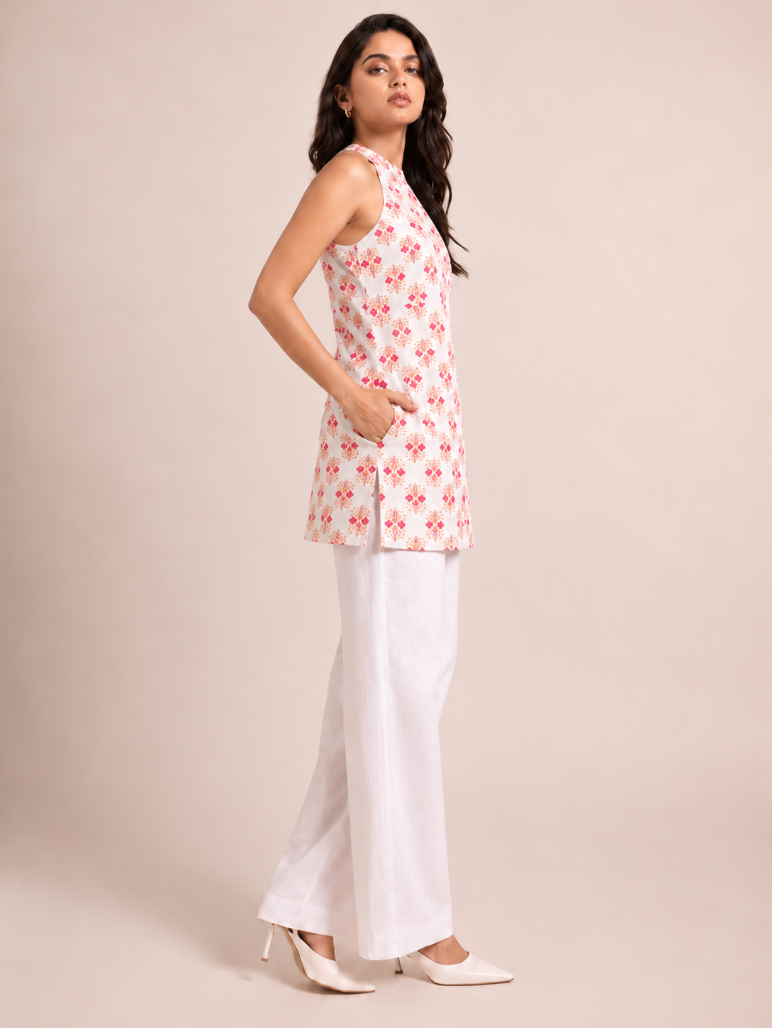 White Floral Short Kurti