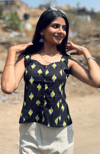 Black Ikkat Sleeveless Summer Cotton Top
